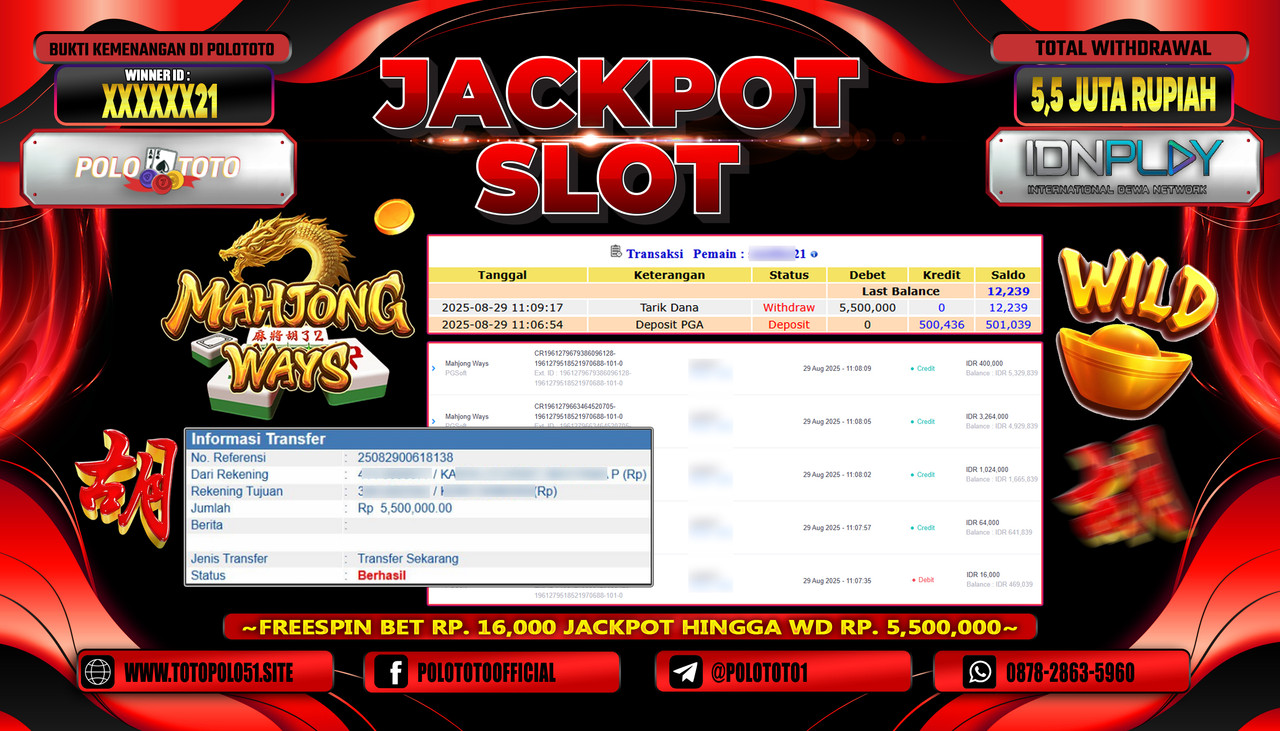 POLOTOTO JACKPOT SLOT MAHJONG WAYS Rp.5.000.000,- LUNAS