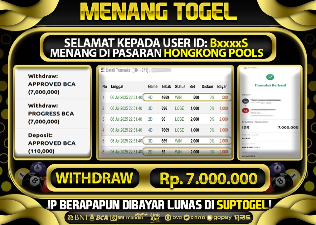  BUKTI KEMENANGAN 6 JULY 2025 MENANG DI PASARAN HONGKONG POOLS TOTAL WD 7 JUTA