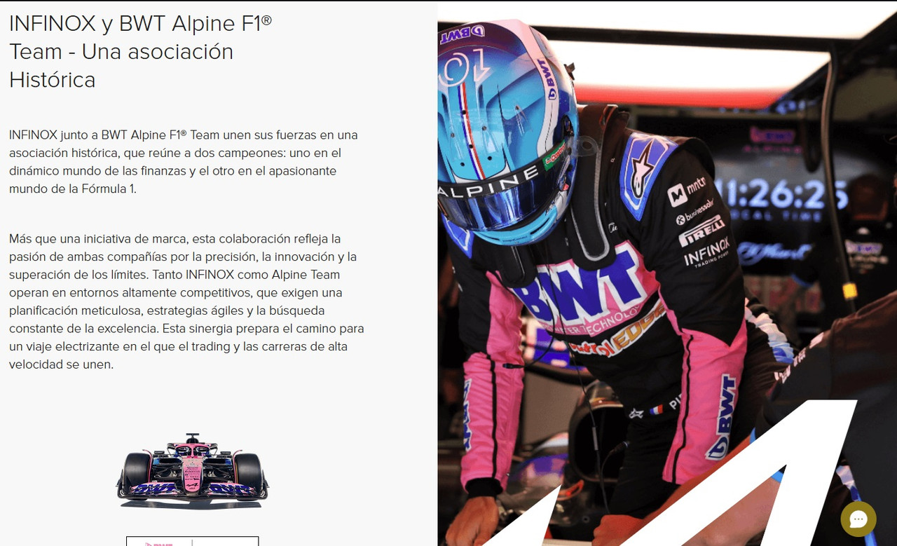 Patrocinio de Infinox con el BWT Alpine F1 Team destacando la asociación y el rendimiento.
