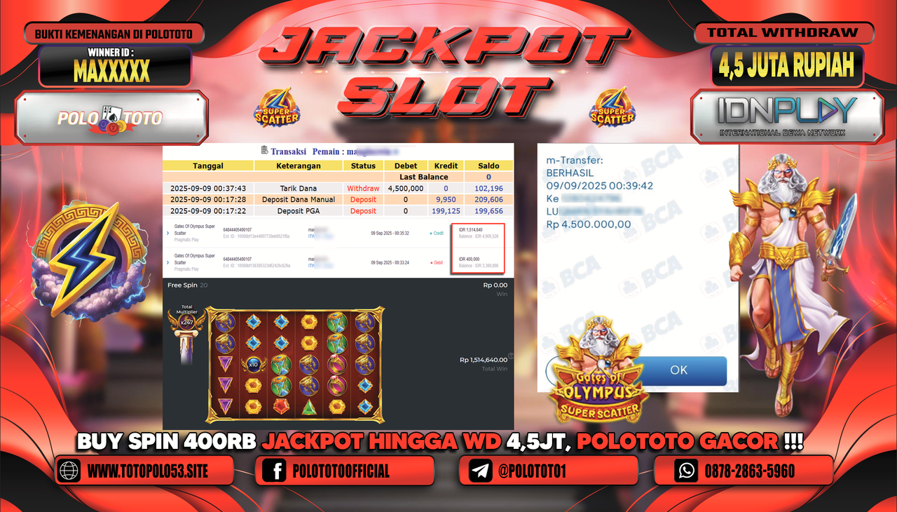 POLOTOTO JACKPOT GATES OF OLYMPUS SUPER SCATTER Rp.4.500.000,-
