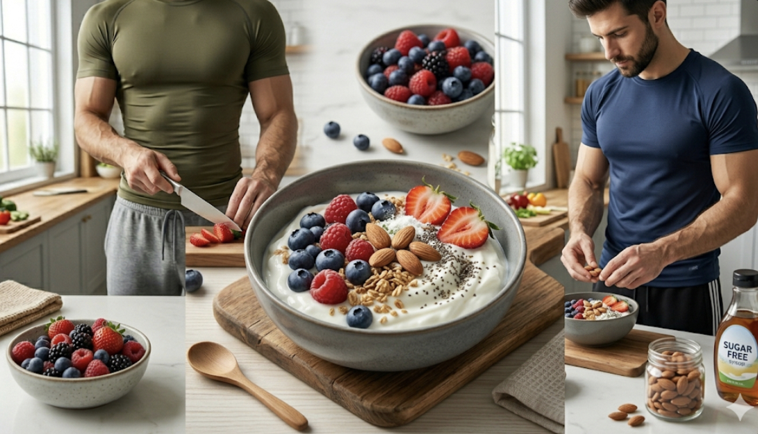 High-protein fat loss snacks including Greek yogurt with berries, cottage cheese, boiled eggs, and almonds for weight loss
