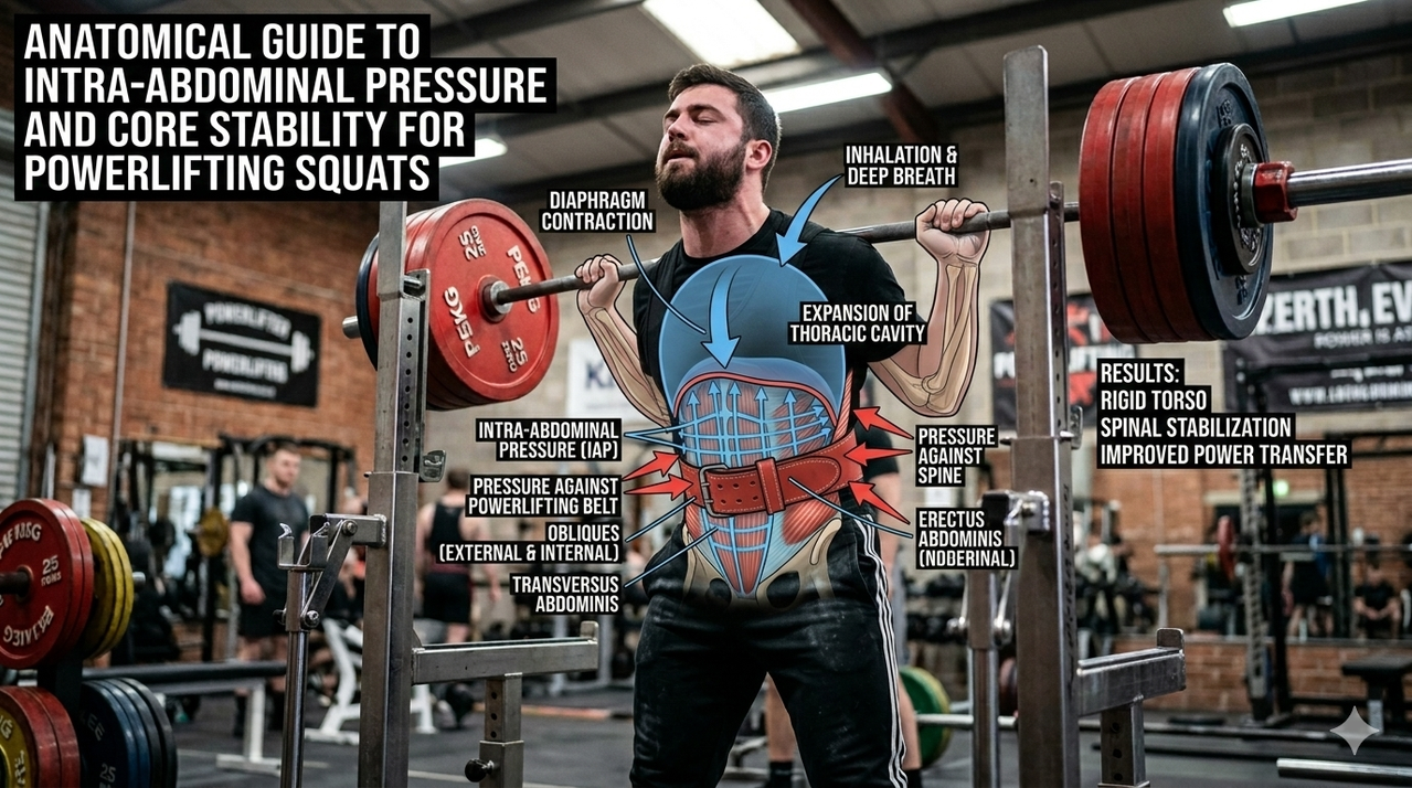 Anatomical diagram showing intra-abdominal pressure and core stability for correct breathing techniques during heavy lifting