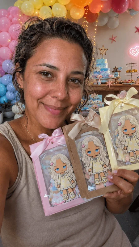 Vendedora segurando lembrancinhas de boneca de papel prontas pra entregar