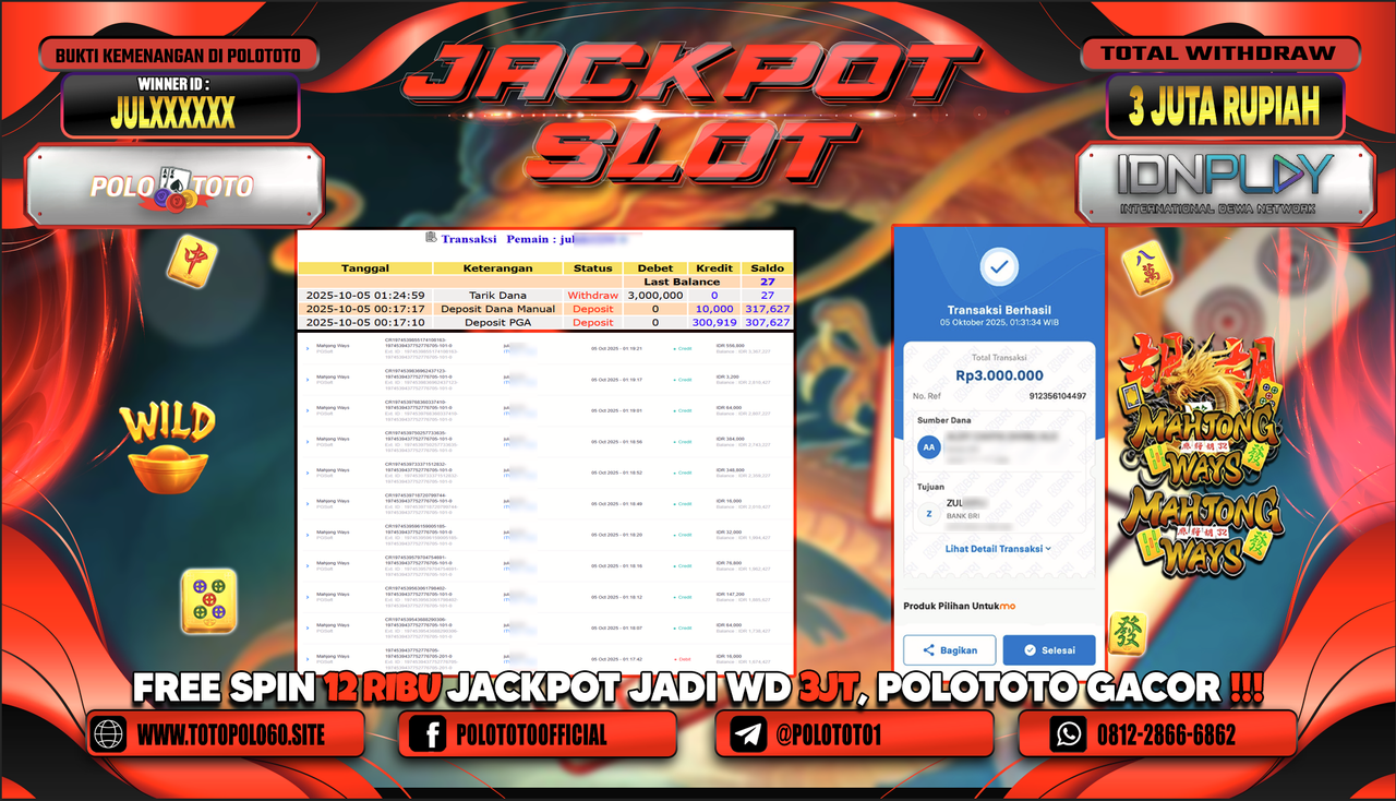 POLOTOTO JACKPOT SLOT MAHJONG WAYS Rp.3.000.000,- LUNAS