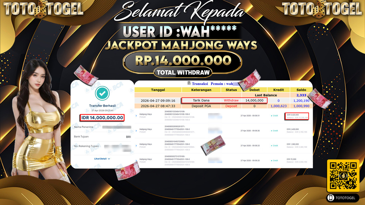 Bukti Pembayaran Jackpot Permainan Slot Mahjong Ways ID:WAH*****LUNAS