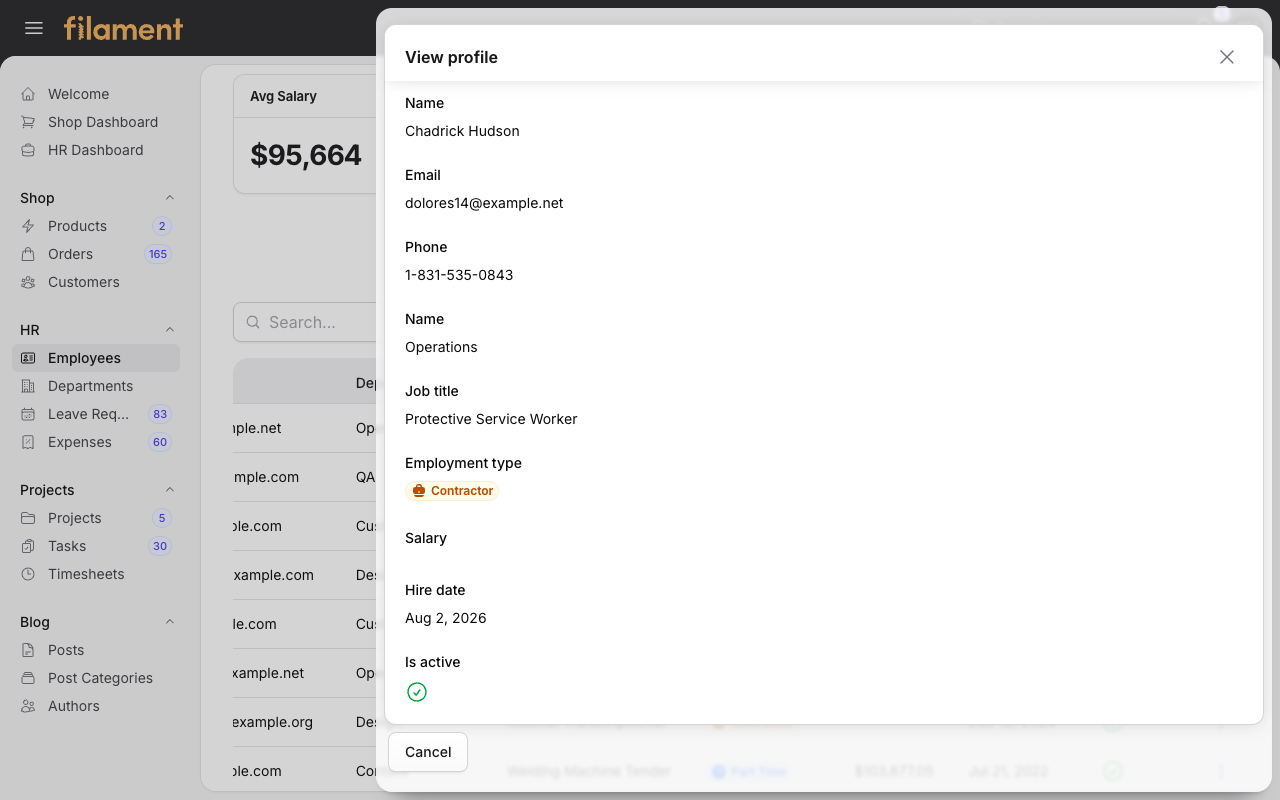 Stature Theme employee profile drawer in light mode