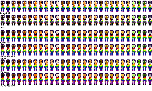 a row of people with pride flag shirts and almost-black purple hair