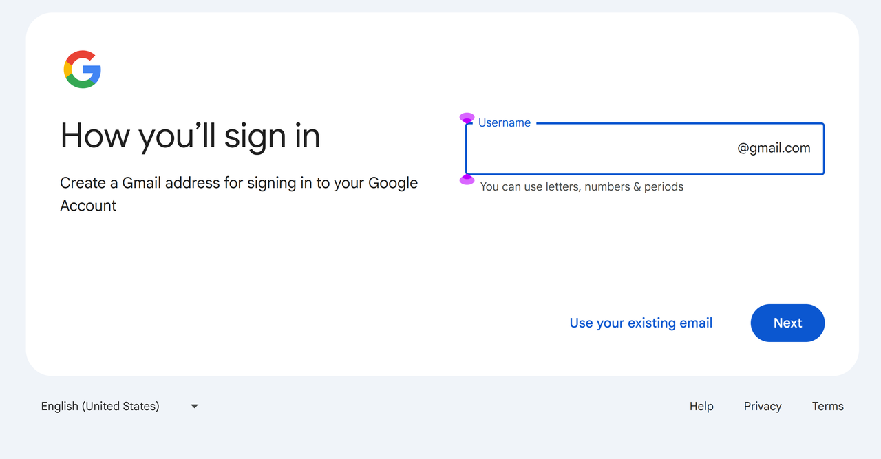 Screenshot showing where to choose your new Gmail address.