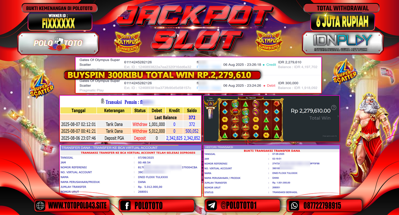 POLOTOTO JACKPOT SLOT GATES OF OLYMPUS  SUPER SCATTER Rp.6.000.000,-LUNAS