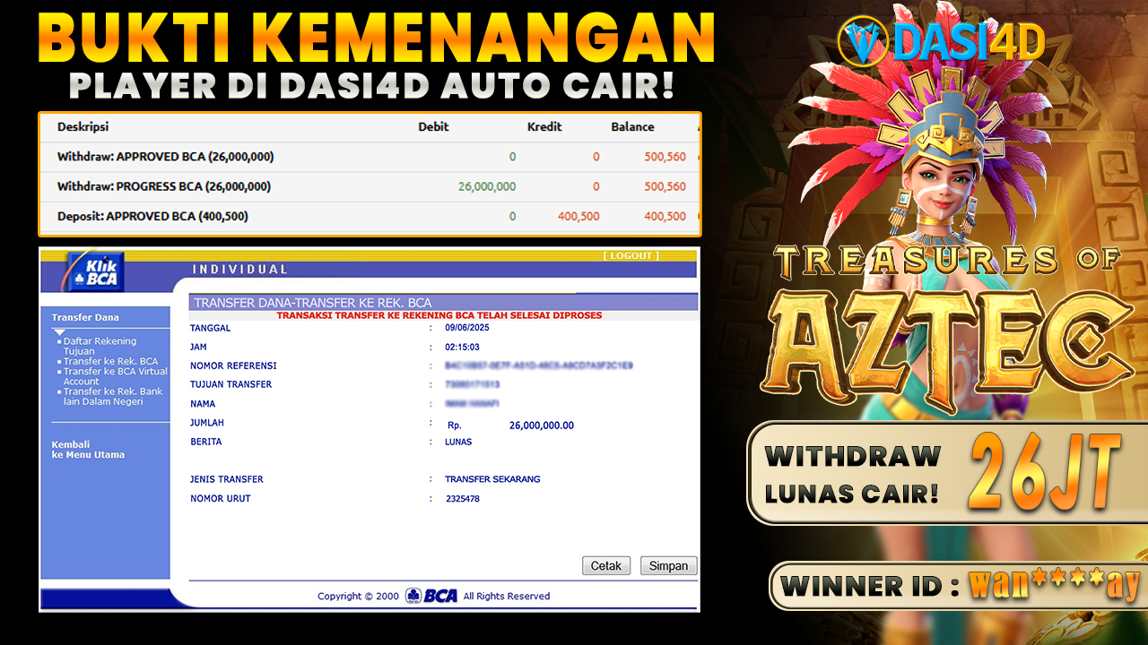 BUKTI KEMENANGAN 09 JUNI 2025 DI TREASURES OF AZTEC WD 26 JUTA