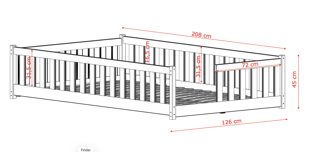 IVY 120x200 white children's bed - technical drawing and dimensions