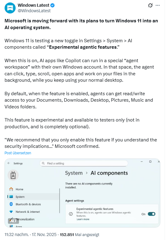 Windows Latest über Agent Workspace in Windows 11