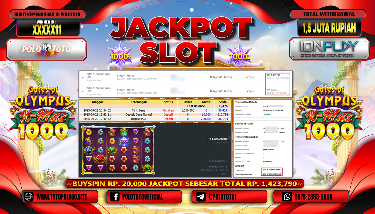 POLOTOTO JACKPOT SLOT GATES OF OLYMPUS X MAS 1000 Rp.1.500.000,- LUNAS