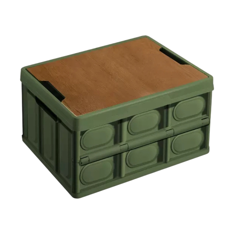 Green Collapsible Medium Standard Storage Box with Wooden Table Top(42x28x23CM) - Car Trunk Organiser for global Camping & Home Use
