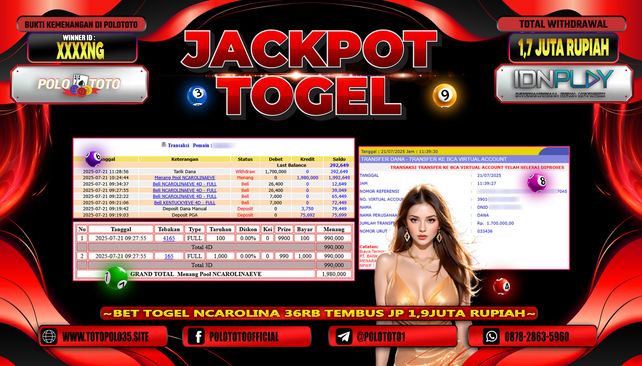 POLOTOTO JACKPOT TOGEL NCAROLINAEVE Rp.1.700.000,- LUNAS