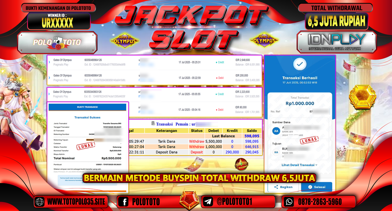 POLOTOTO JACKPOT SLOT GATES OF OLYMPUS Rp.6.500.000,- LUNAS