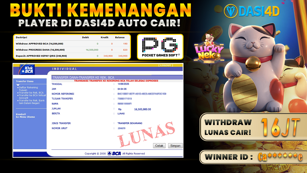 BUKTI KEMENANGAN 14 JUNI 2025 DI LUCKY NEKO 16 JUTA