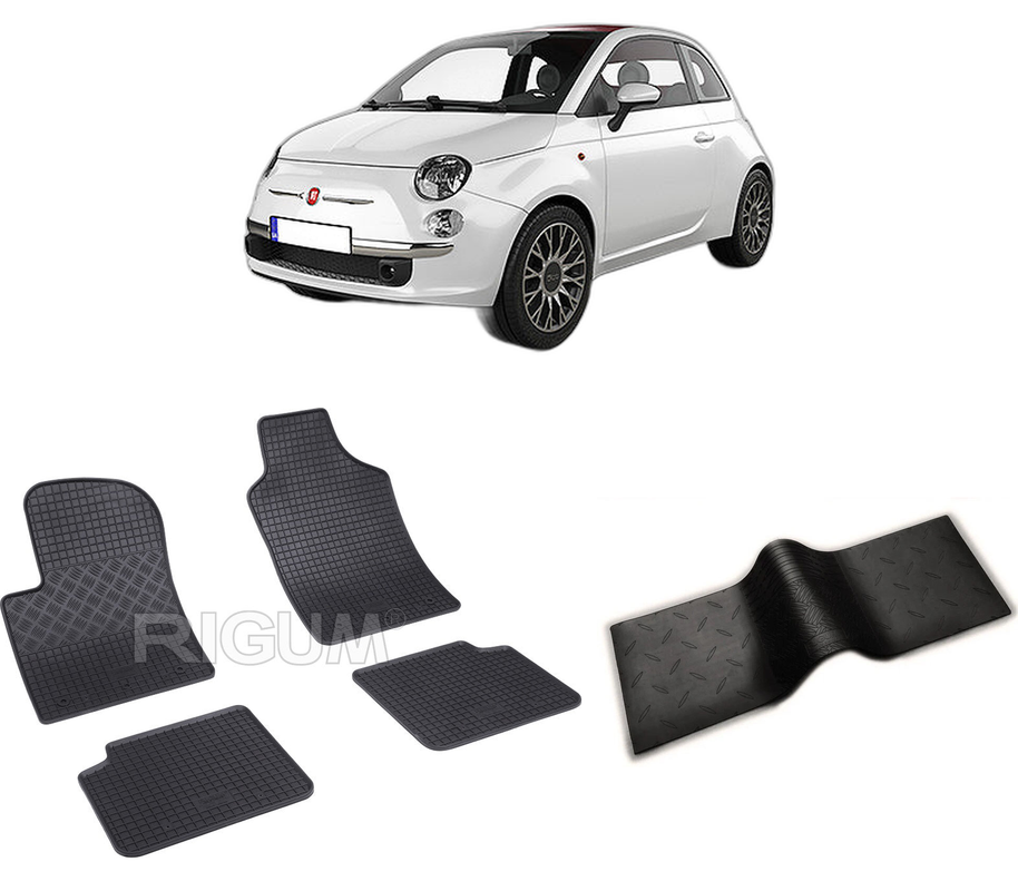 Set covorase auto FIAT 500 din 09.2007-PREZENT, cu covoras tunel median, CAROSERIE HATCHBACK, Presuri cauciuc 100%, compatibil cu autoturismul FIAT 500, Rigum