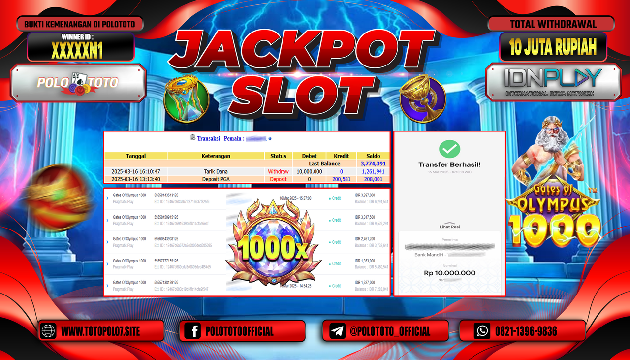 POLOTOTO JACKPOT SLOT GATES OF OLYMPUS 1000 Rp.10.000.000,-
