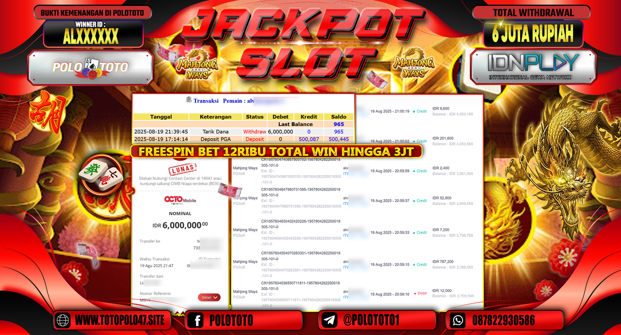 POLOTOTO JACKPOT SLOT MAHJONG WAYS Rp.6.000.000,-