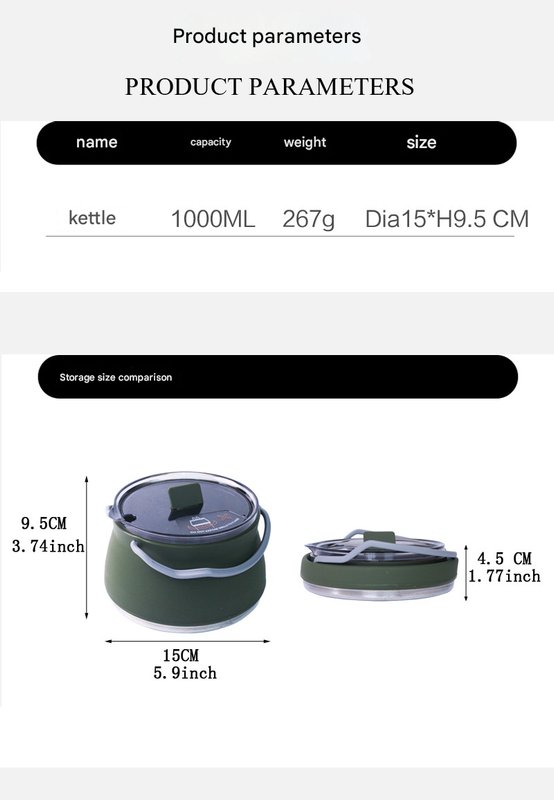 Blue 1L Portable Collapsible Camping Kettle - Food-Grade Silicone Body with 304 Stainless Steel Base, Compatible with Induction & Gas Stoves