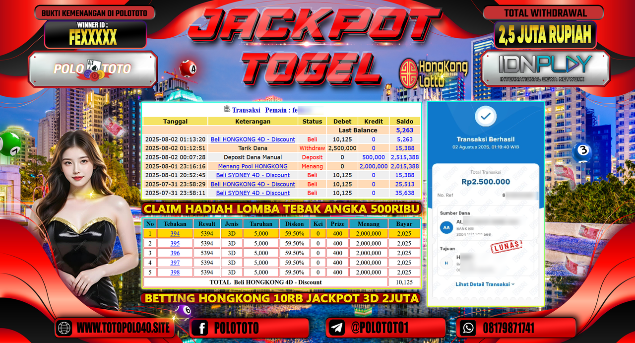 POLOTOTO JACKPOT TOGEL HONGKONG LOTTO Rp.2.500.000,- LUNAS