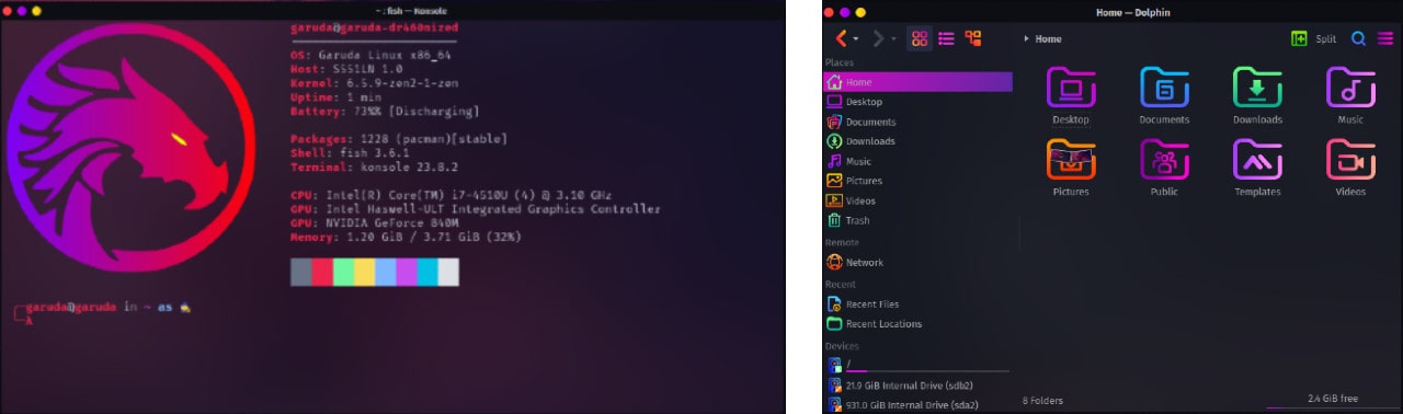 garuda-linux-dragonized terminal konsole e filemanager dolphin