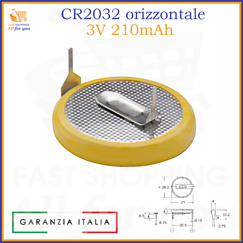 Batteria pila al litio a bottone CR2032 cr 2032 orizzontale 3V 210mah a saldare per memoria di calcolatori circuito stampato