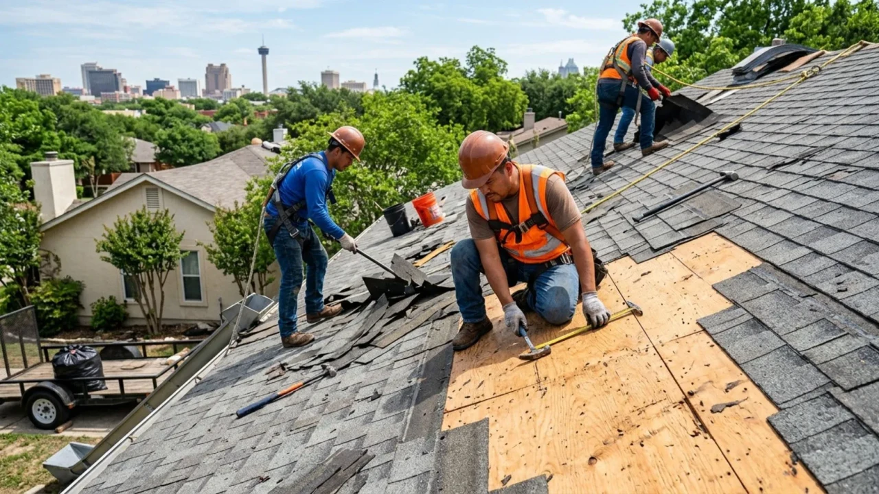 Roofing crew performing tear-off and decking inspection San Antonio
