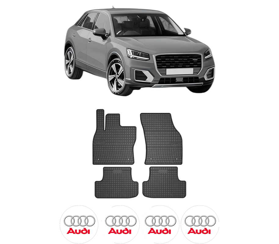 Set covorase presuri AUDI Q2 (GAB, GAG) din 2016-2021, auto, din cauciuc thermoplastic, 4 Stickere auto cu AUDI