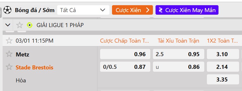 Tỷ lệ kèo Metz vs Brestois