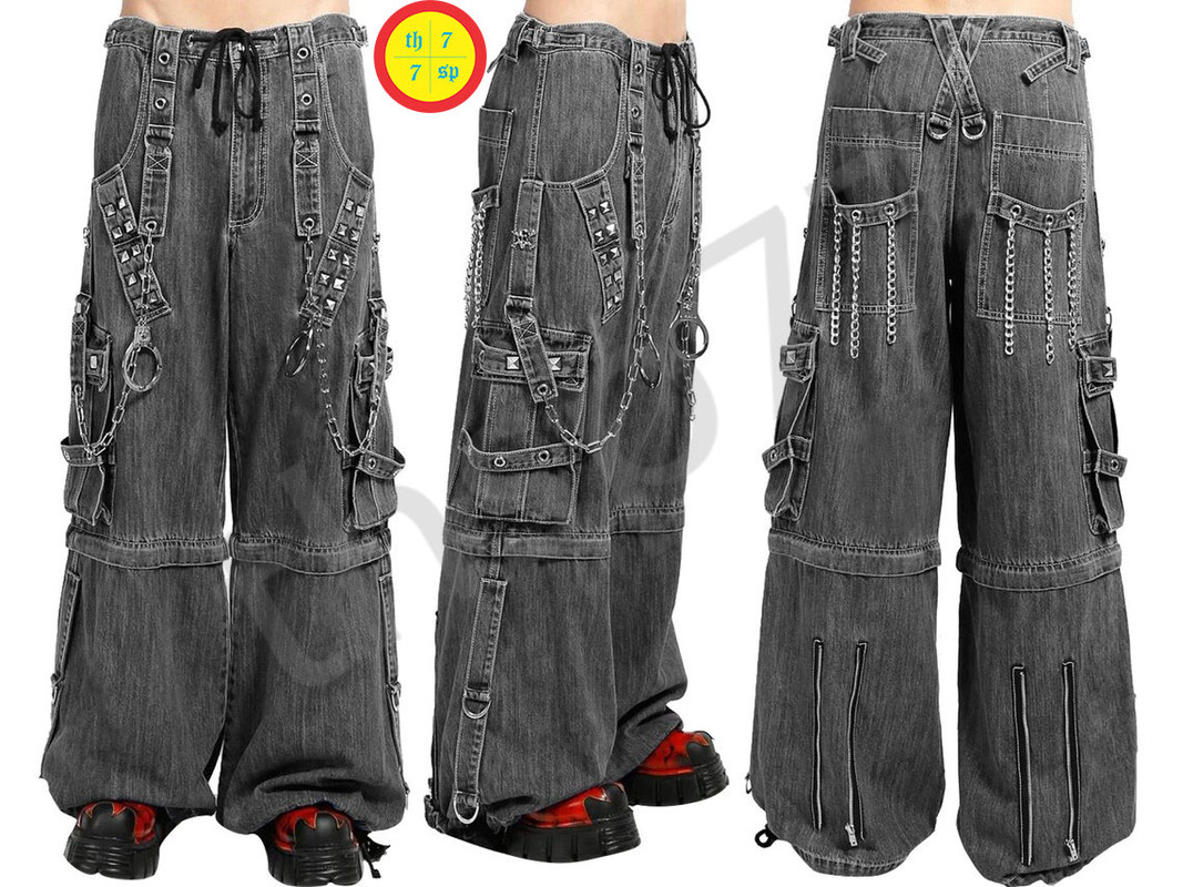 Men Goth Light Grey Denim TRIPP Pants Handcuffs Convertible Shorts Punk  Trousers