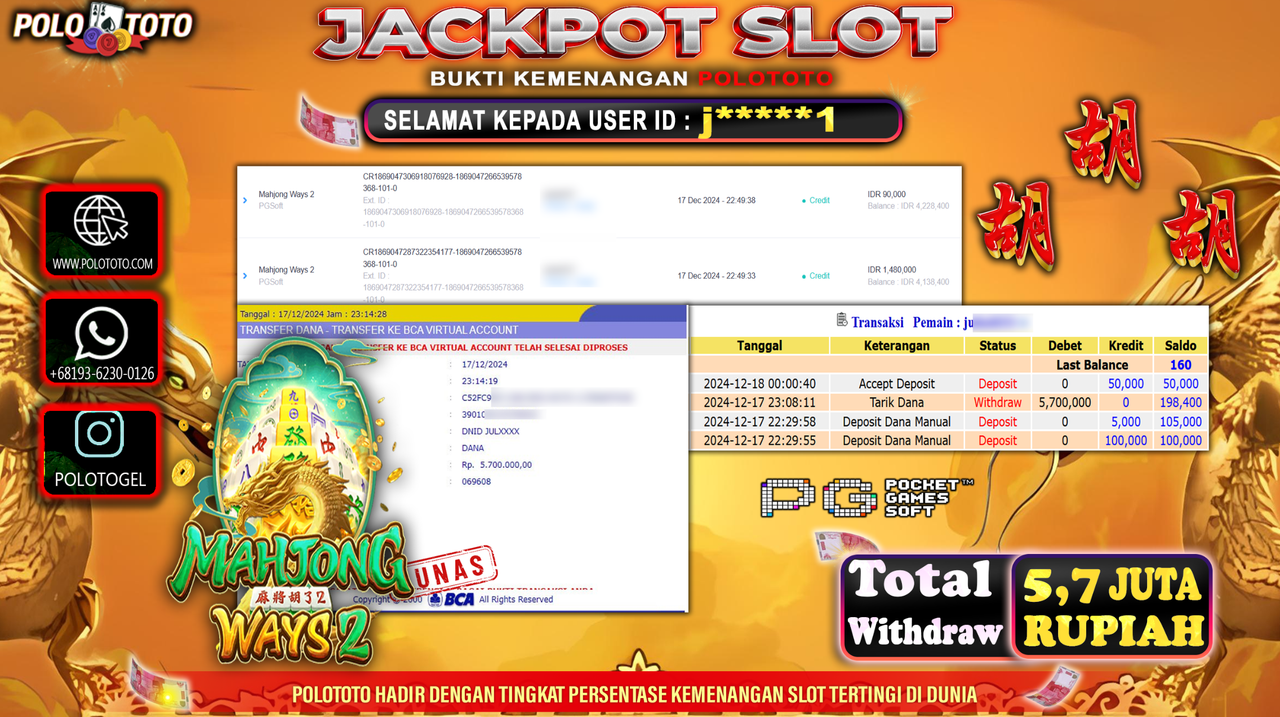 POLOTOTO JACKPOT SLOT MAHJONG WAYS 2 Rp.5,700.000,-