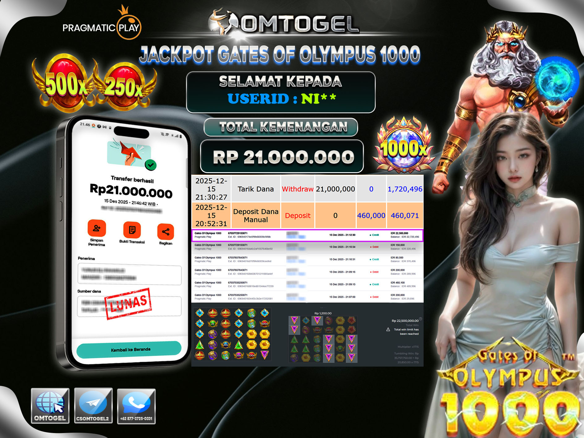OMTOGEL JACKPOT PRAGMATIC PLAY GATES OF OLYMPUS 1000 ,21 JUTA DI BAYAR LUNAS ,-