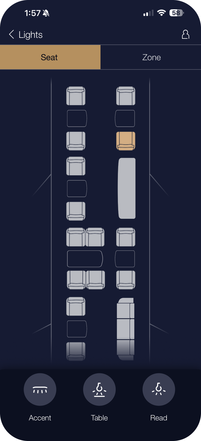 Seat lighting control screen
