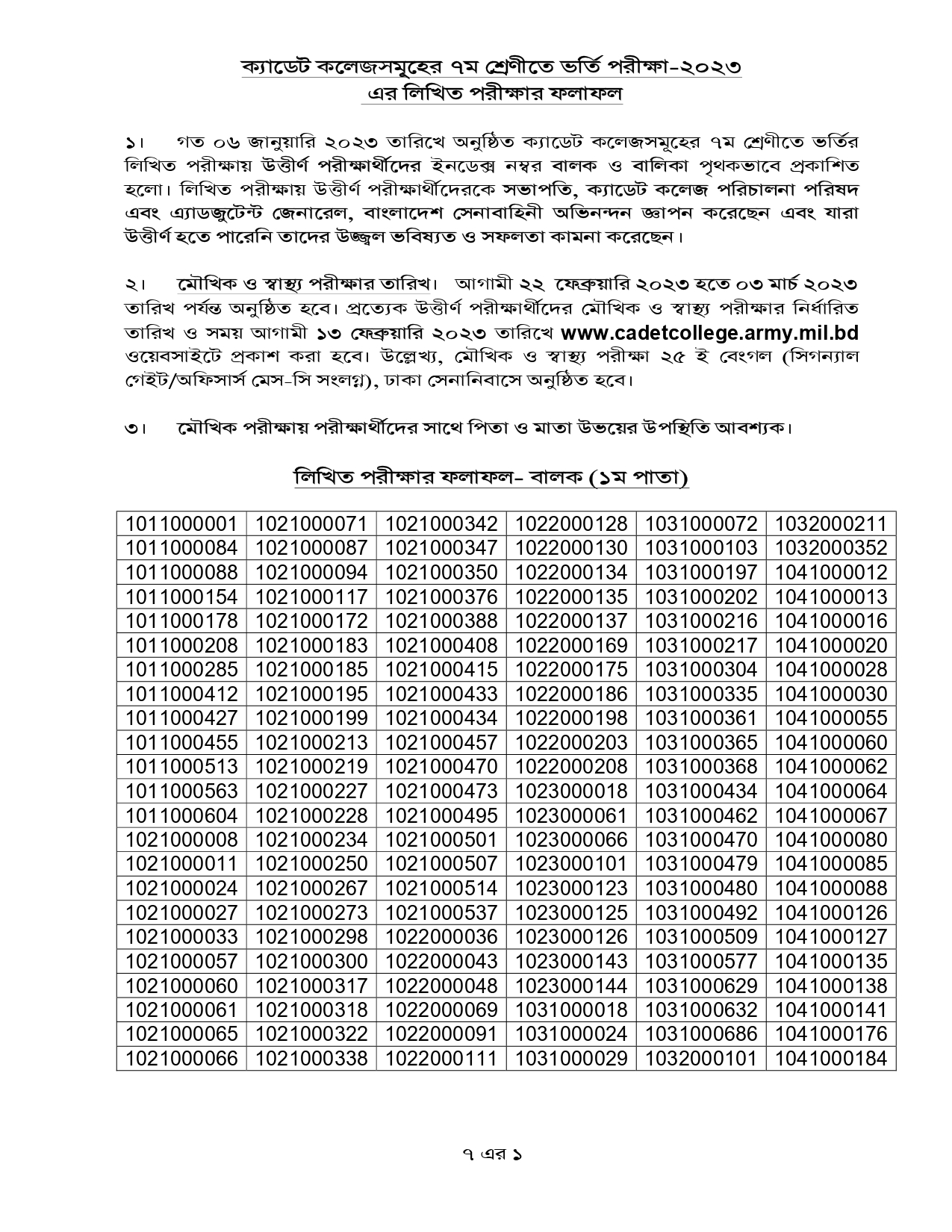 Cadet College Admission Result 2023 PDF Download BD Class 7 ক্যাডেট কলেজ ভর্তি পরীক্ষার ফলাফল