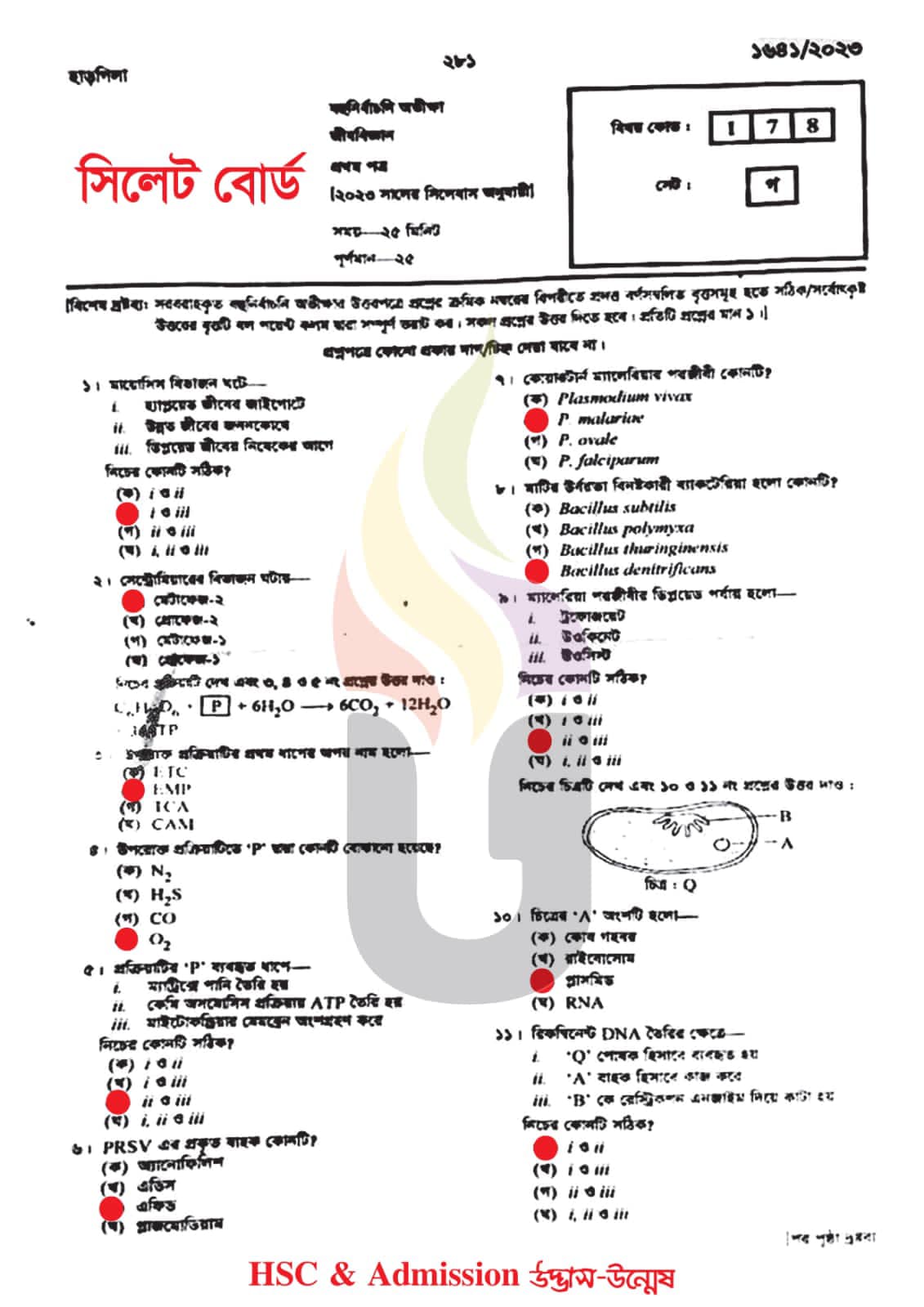 সিলেট বোর্ড এইচএসসি জীববিজ্ঞান ১ম পত্র MCQ প্রশ্ন সমাধান ২০২৩