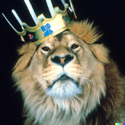 DALL·E - 35mm studio photo of a lion wearing a crown, proud to be shown as he actually is