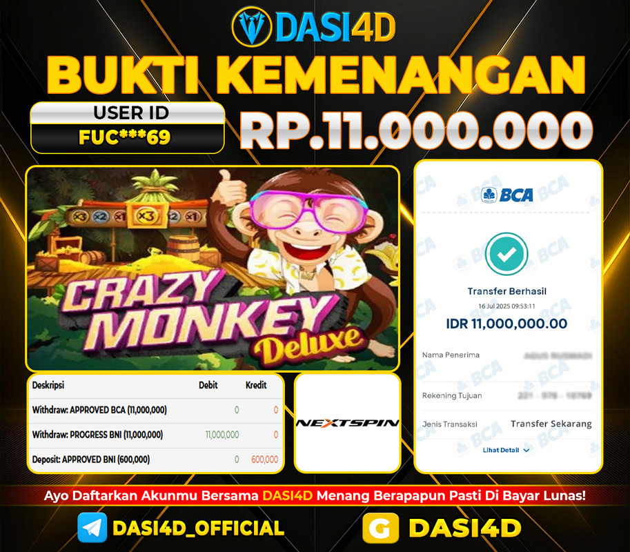 BUKTI KEMENANGAN 16 JULI 2025 DI CRAZY MONKEY RP 11.000.000