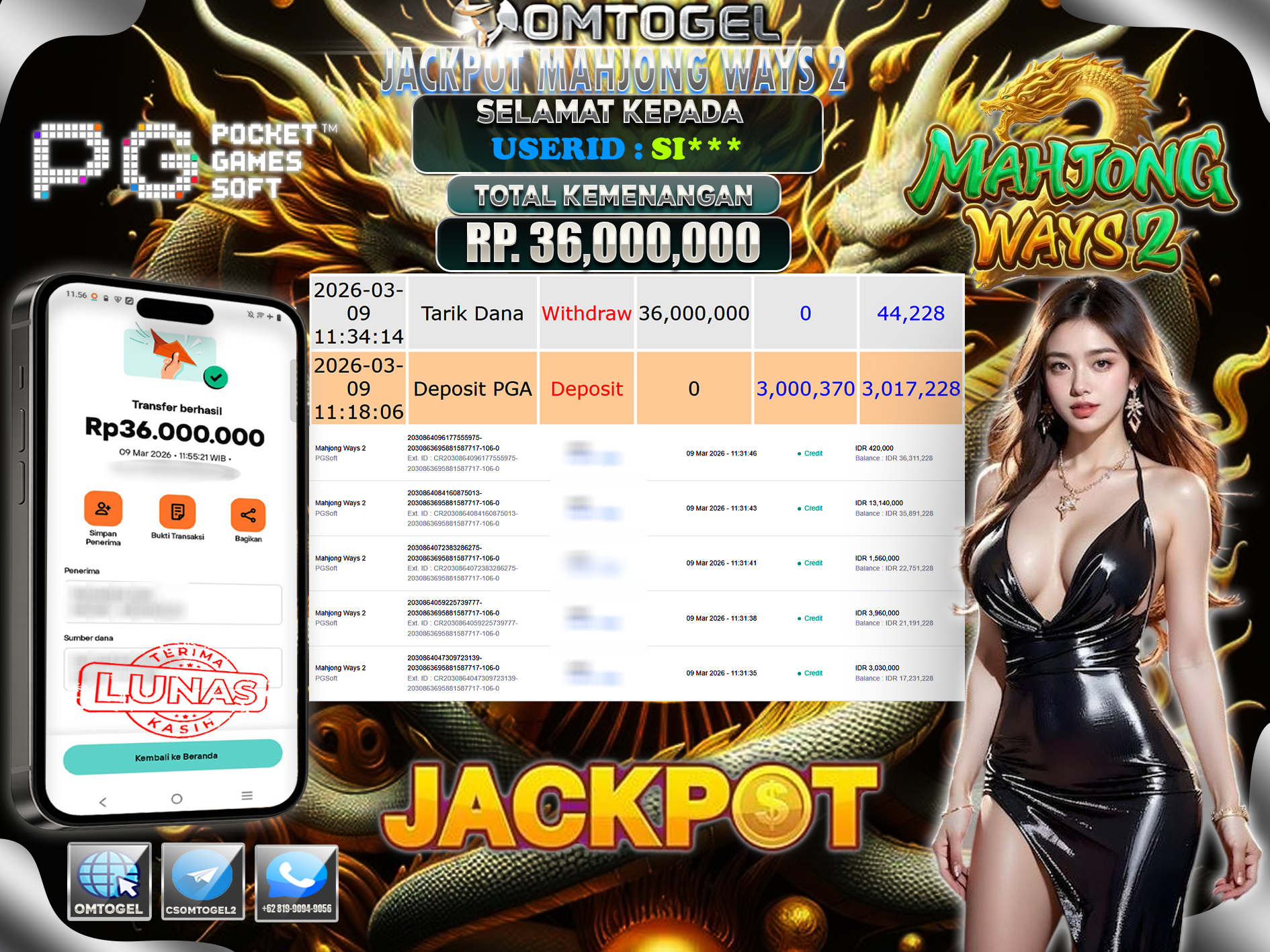 OMTOGEL JACKPOT PG SOFT MAHJONG WAYS, .36 JUTA DI BAYAR LUNAS ,-