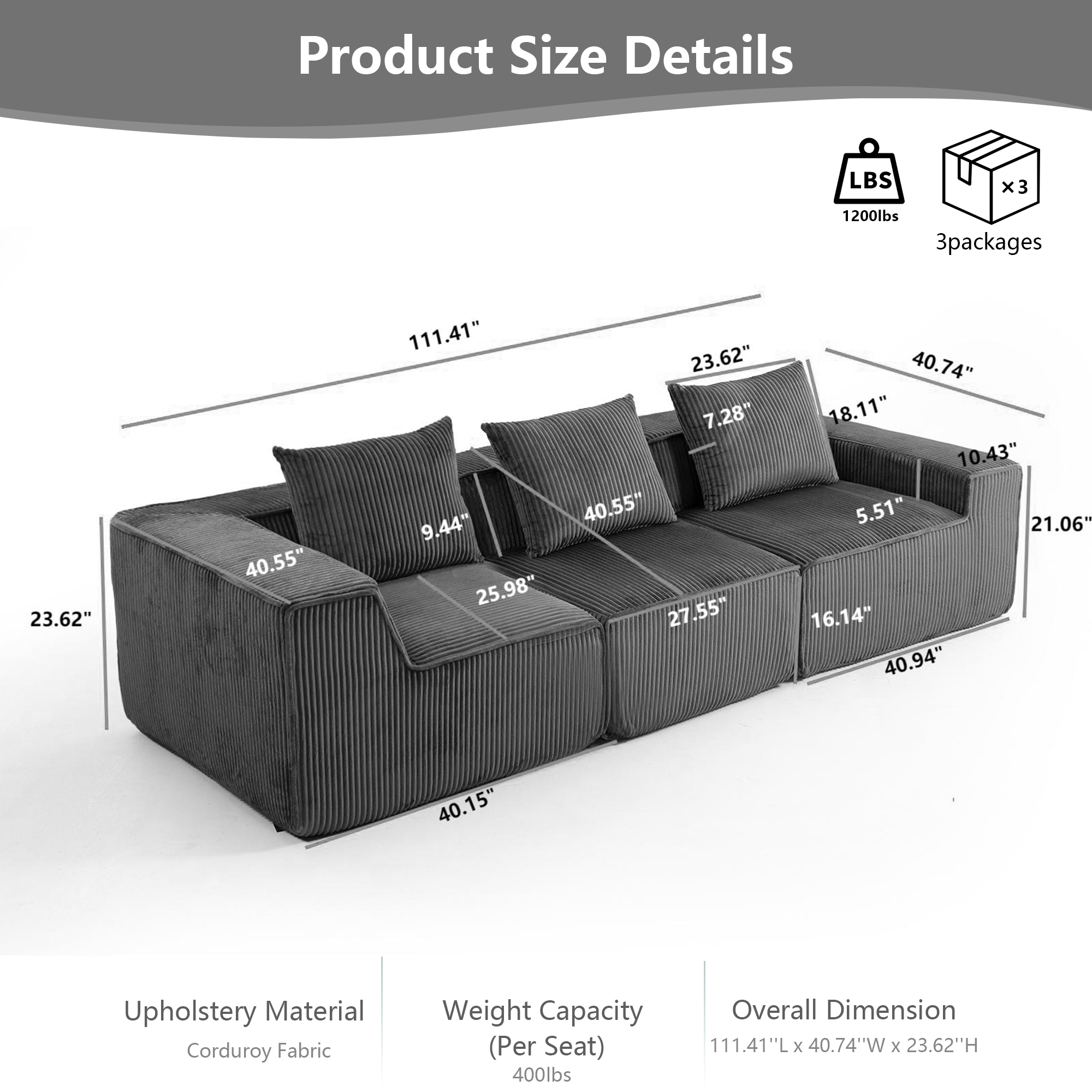 Modular Corduroy Sectional Sofa, 3-Seat All-Foam Compressed Couch with ...