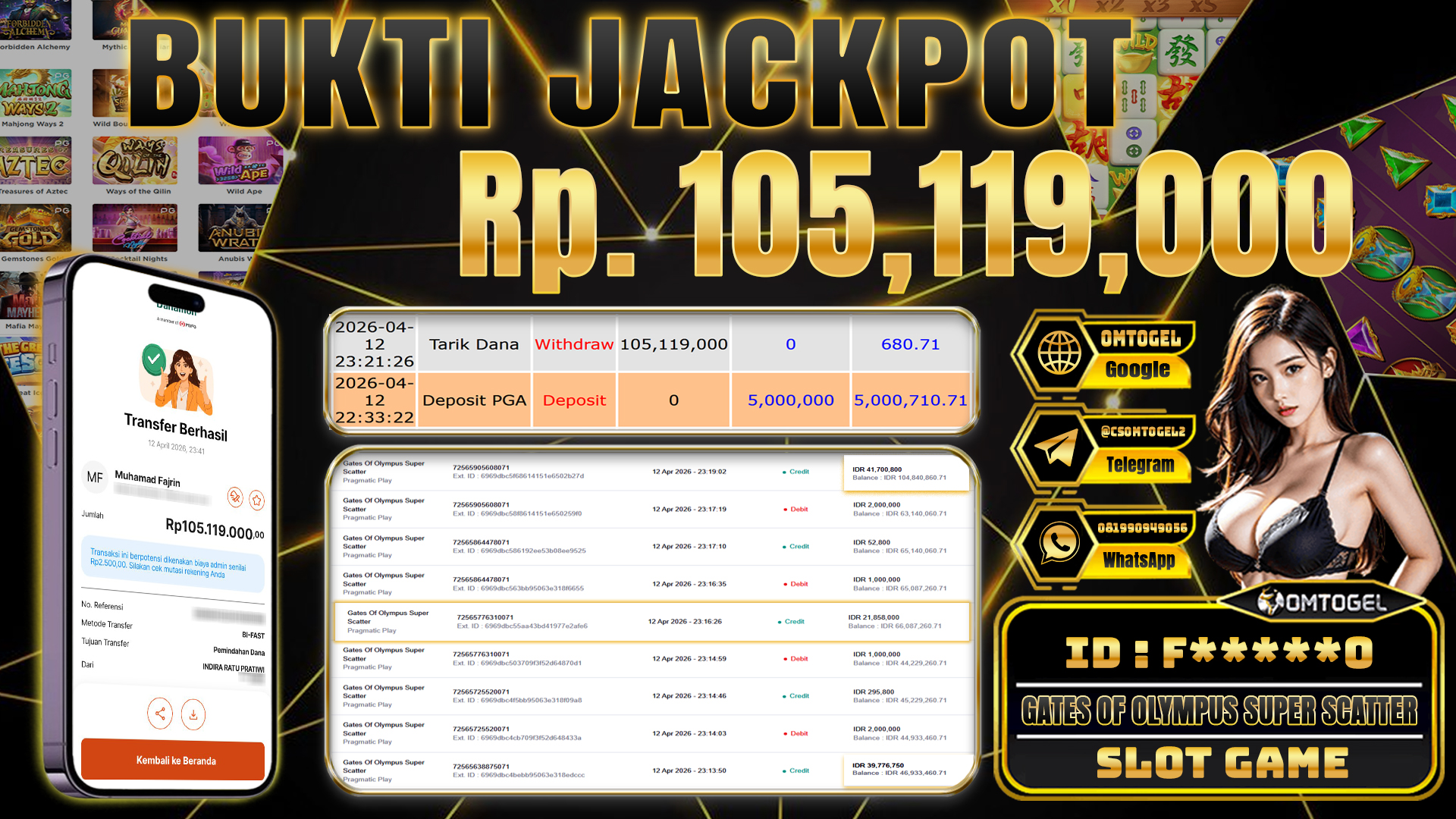OMTOGEL JACKPOT PRAGMATIC PLAY GATES OF OLYMPUS 1000 , 105 JUTA DI BAYAR LUNAS ,-