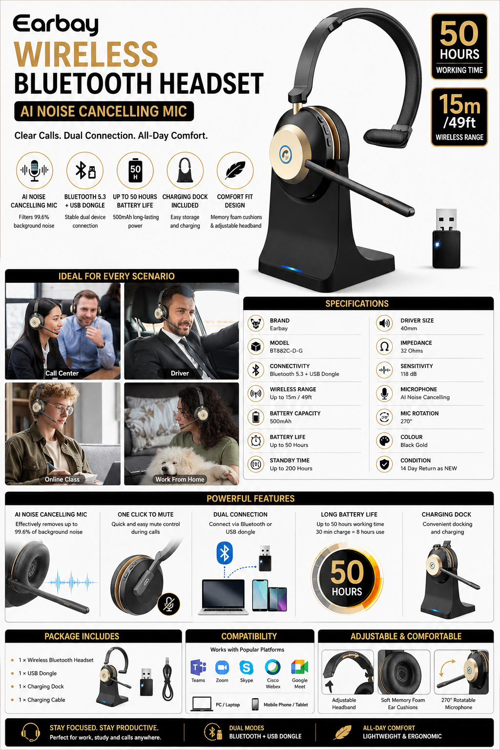 Earbay BT882C-D-G wireless headset with AI noise cancelling microphone and USB dongle