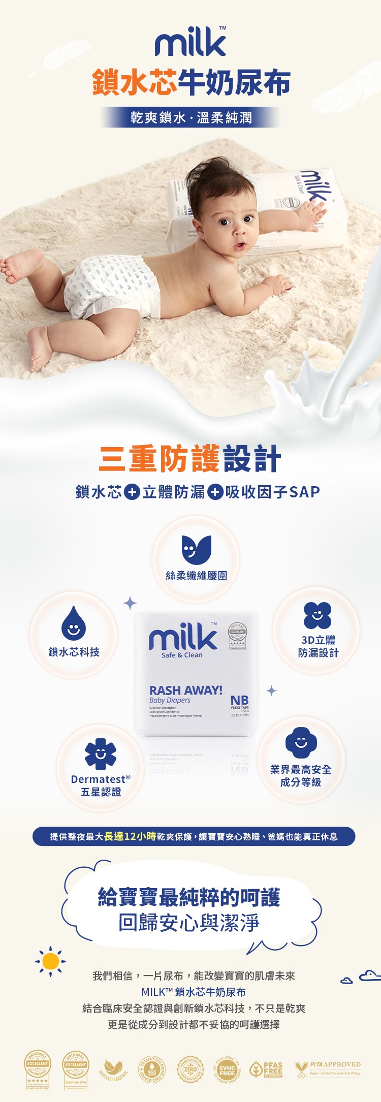 milk鎖水芯牛奶尿布乾爽鎖水溫柔純潤milk三重防護設計鎖水芯立體防漏吸收因子SAP絲柔纖維腰圍milk鎖水芯科技Safe  CleanEXCELLENT3D立體防漏設計RASH AWAY!Baby Diapers   NBFLEXI TAPE &  22 DIAPERS  業界最高安全DermatestⓇ五星認證成分等級提供整夜最大長達12小時乾爽保護,讓寶寶安心熟睡、爸媽也能真正休息EXCELLENT給寶寶最純粹的呵護回歸安心與潔淨我們相信,一片尿布,能改變寶寶的肌膚未來MILKT™ 鎖水芯牛奶尿布結合臨床安全認證與創新鎖水芯科技,不只是乾爽更是從成分到設計都不妥協的呵護選擇EXCELLENTSensitive PFAS APPROVEDZEROSVHCFREEFREE   Test