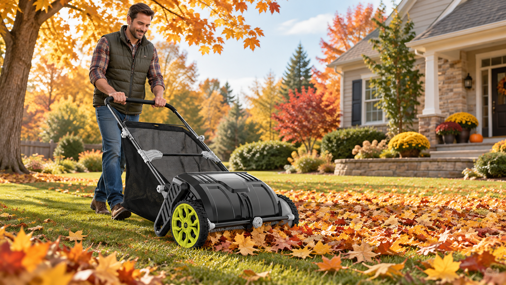 Homeowner completing fall yard cleanup around a lawn and garden