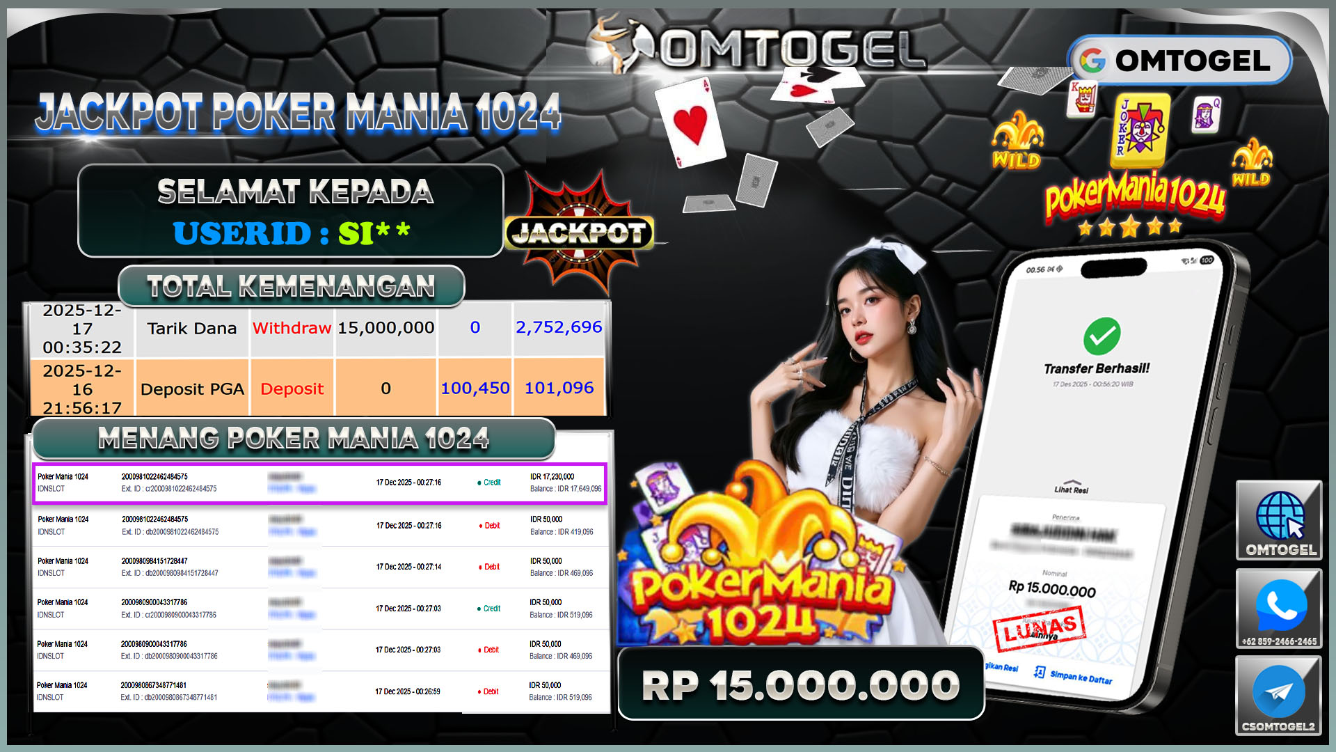 OMTOGEL JACKPOT IDNSLOT POKER MANIA 1024 ,15 JUTA DI BAYAR LUNAS ,-