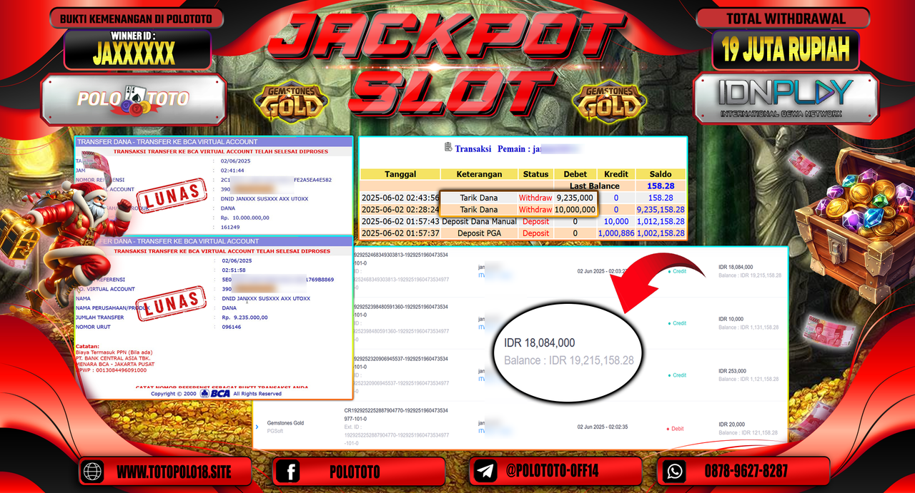POLOTOTO JACKPOT SLOT GEMSTONES GOLD Rp.19.235.000,-