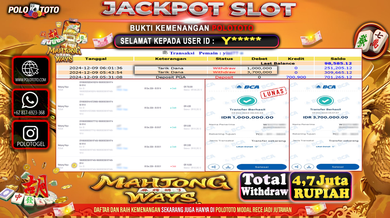POLOTOTO JACKPOT SLOT MAHJONG WAYS Rp.4,700.000,-