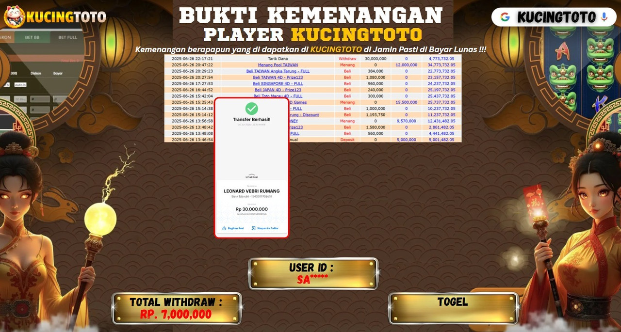 KUCINGTOTO JACKPOT TOGEL  RP.30.000.000.,- LUNAS