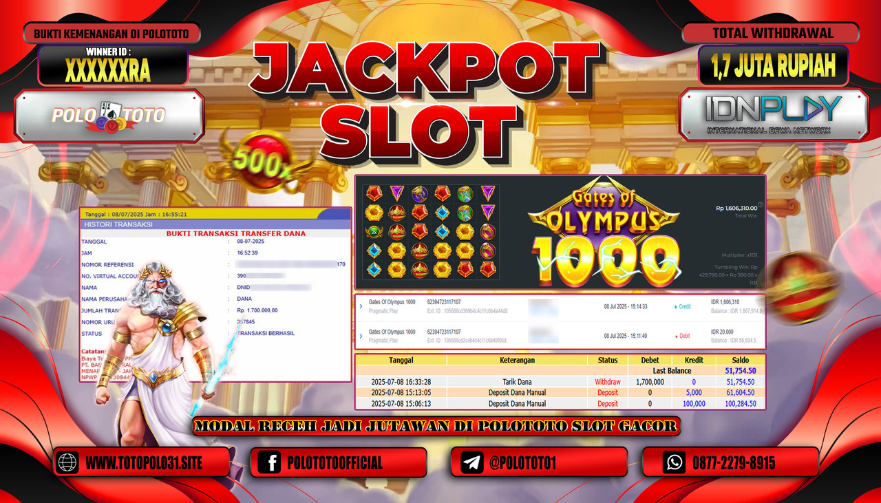 POLOTOTO JACKPOT SLOT GATES OF OLYMPUS 1000 Rp.1.700.000,- LUNAS